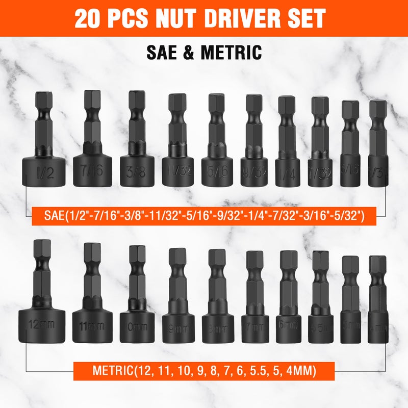 ValueMax 20 PCS Power Nut Driver Set for Impact Drill, 1/4    Hex Head Drill Bit Set SAE and Metric, 4-12mm and 5/32''-1/2'' Nut Drivers, Chrome Vanadium Steel - Image 2